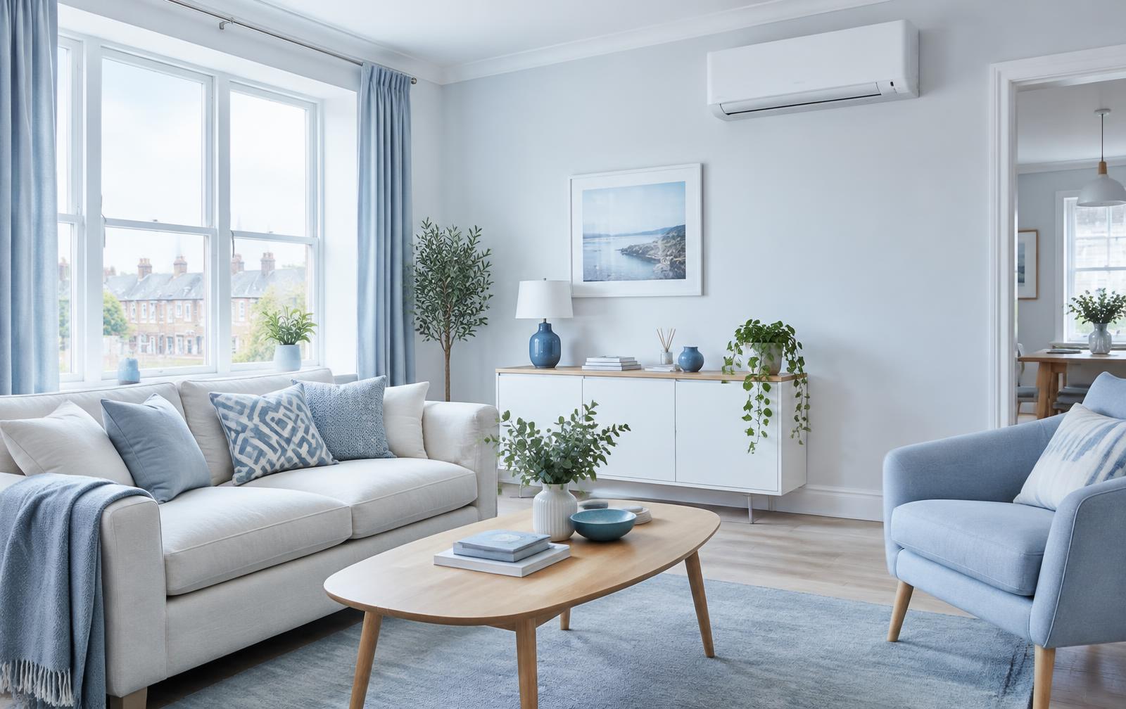 Bright living room with a wall-mounted air conditioner